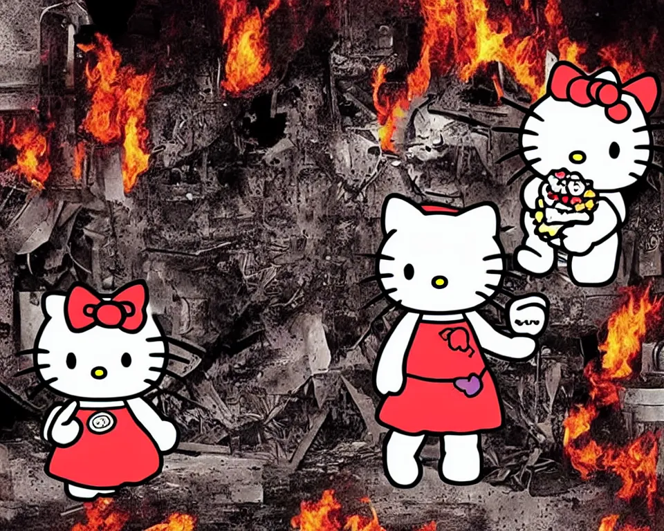 Prompt: a horror movie poster featuring Hello Kitty inside a burning house