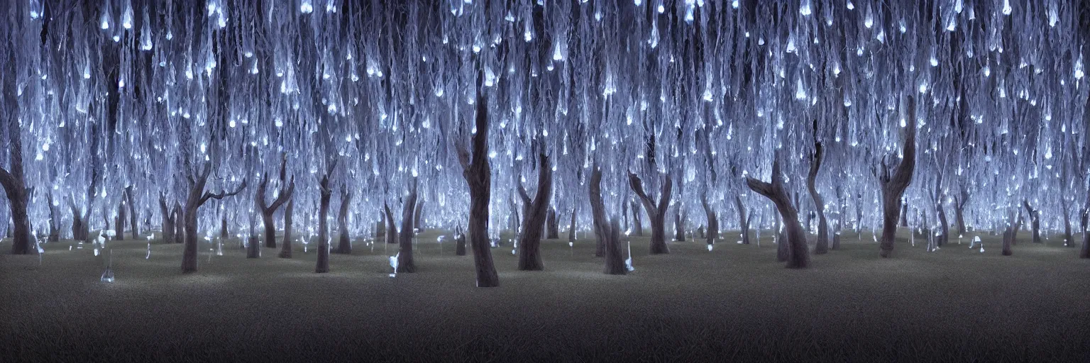 Image similar to “bioluminescent crystal willow trees, Artstation HQ, photorealistic, hiperrealistic, sharp focus, 4k UHD, Unreal Engine 5, cinematic shot, cinematic lightning, dark tones, high contrast, intricate, masterpiece”