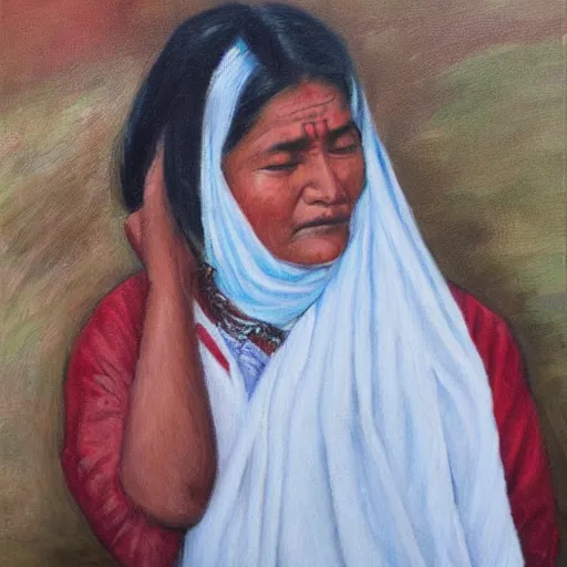 Image similar to a nepali woman wearing a white shawl, sad, oil painting