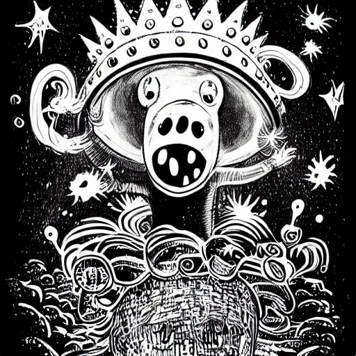 Image similar to black and white trippy comic art of a pig wearing a gold crown abducted by ufo, lots of particles, drawn by Martin Rowson, Tim Burton, Studio Ghibli, Alex Pardee, Nekro Petros Afshar, James McDermott, cgsociety 4K