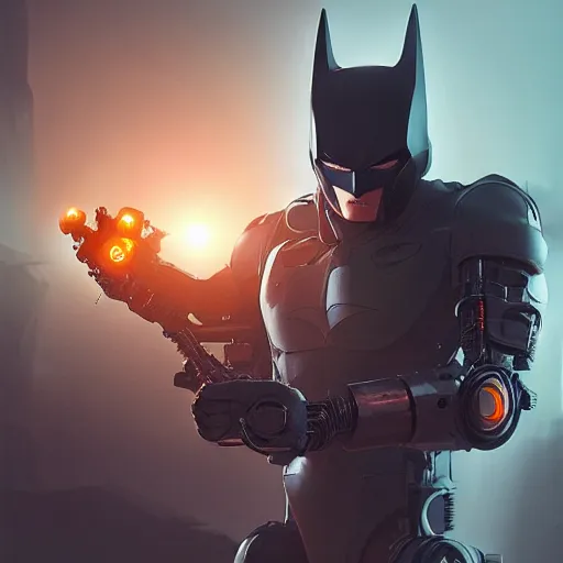 Prompt: concept render of an orange robot batman by cedric peyravernay and leon tukker