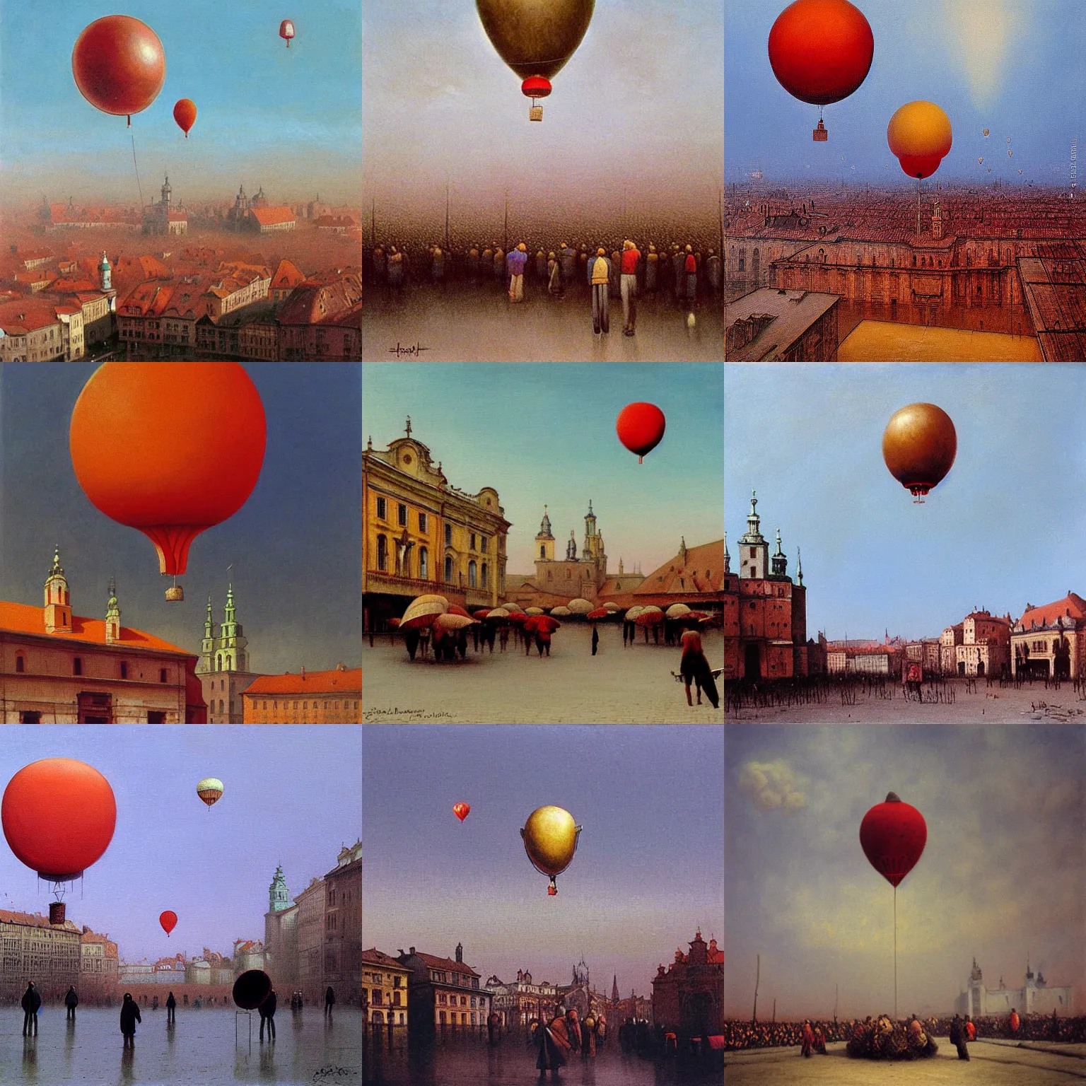 Prompt: beksinski painting of a hot air baloon above a cracow main square