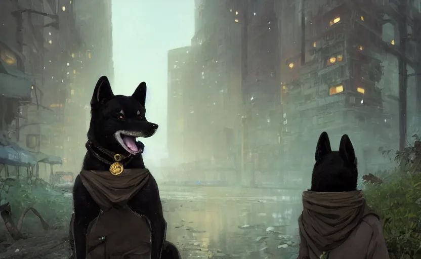 Prompt: highly detailed portrait of a black shiba as a homeless, in gta v, stephen bliss, unreal engine, fantasy art by greg rutkowski, loish, rhads, ferdinand knab, makoto shinkai and lois van baarle, ilya kuvshinov, rossdraws, tom bagshaw, global illumination, radiant light, detailed and intricate environment