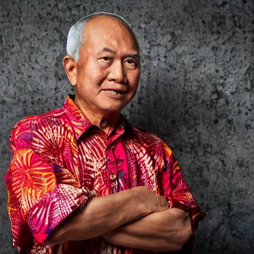 Prompt: A Portrait Photo of Trump wearing batik from Indonesia, award winning photography, sigma 85mm Lens F/1.4, blurred background, perfect faces