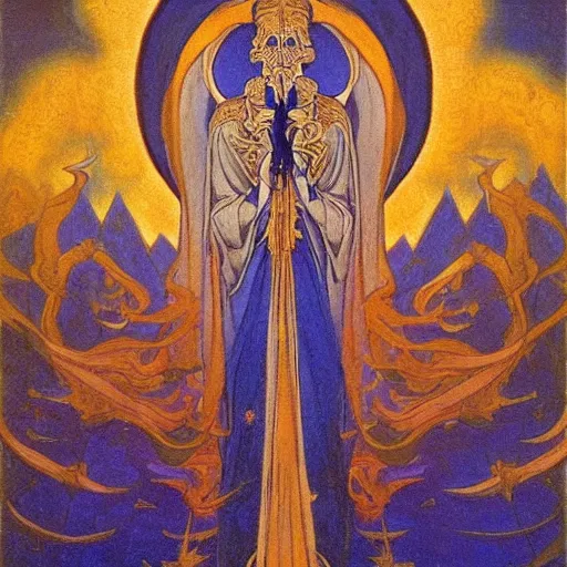 Prompt: saint skeleton queen, Nicholas Roerich and jean delville, strong dramatic cinematic lighting , ornate headdress , flowing robes, lost civilizations, smooth, sharp focus, extremely detailed, marble, stars, gold, space