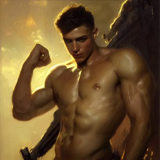 Image similar to handsome portrait of a young guy fitness posing, war hero, flexing, radiant light, caustics, by gaston bussiere, bayard wu, greg rutkowski, giger, maxim verehin