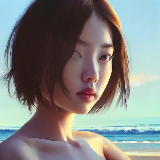 Image similar to oil painting by ilya kuvshinov,, baugh casey, artgerm craig mullins, coby whitmore, of a youthful japanese girl, long hair, fully clothed at the beach, highly detailed, breathtaking face, studio photography, noon, intense bounced light, water reflection, large tree casting shadow, serine intense sunlight in the style of zack snyder