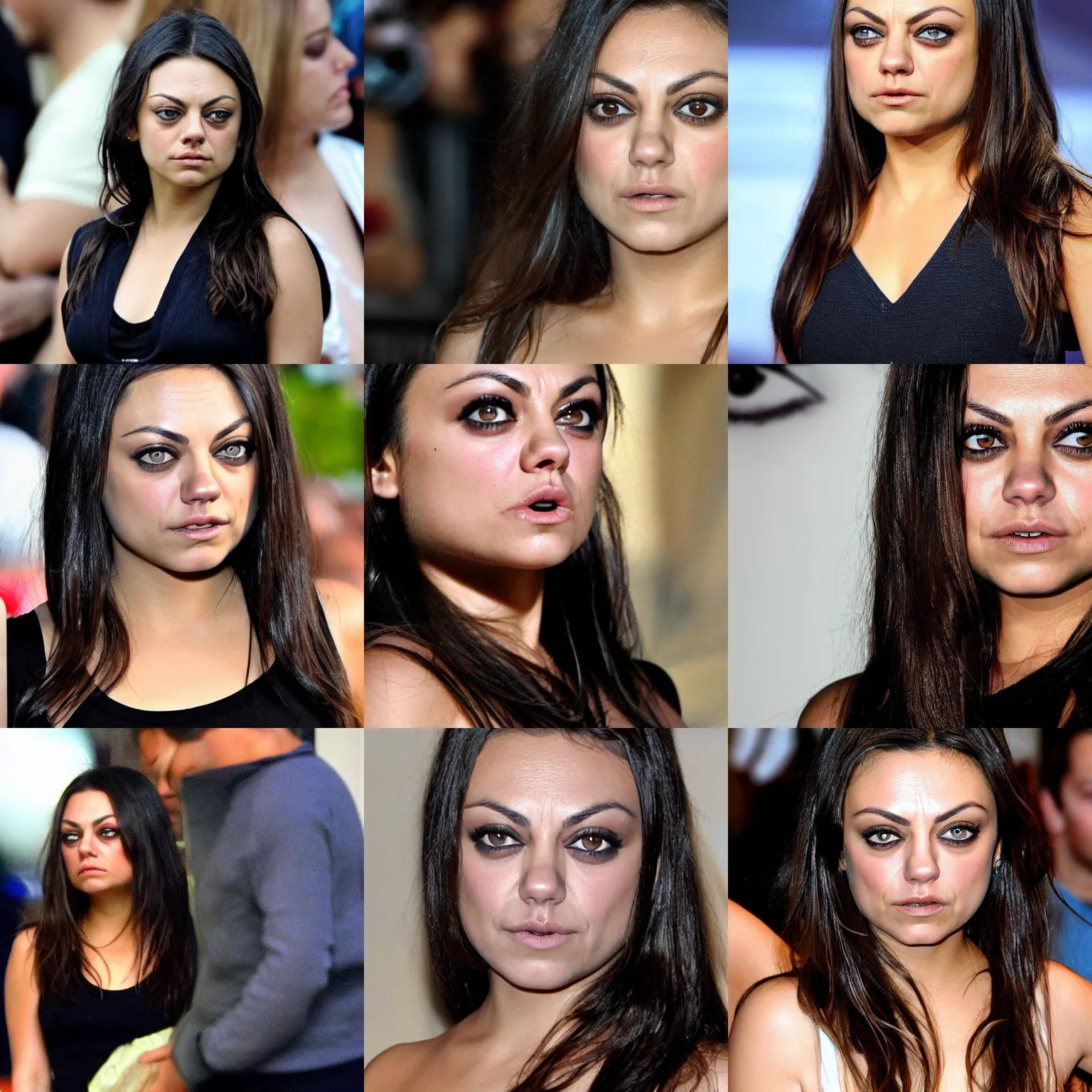 Prompt: close up of mila kunis with a pain face,