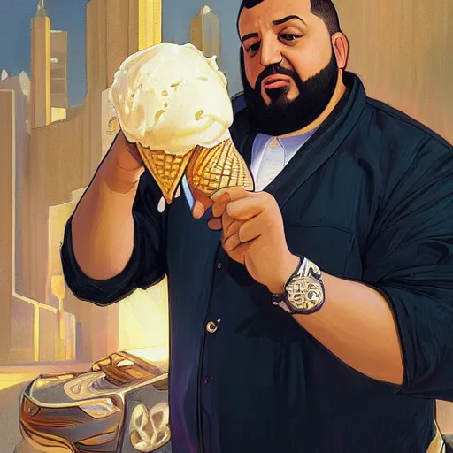 Image similar to portrait of DJ Khaled holding ice cream cone with large scoop of ice cream as a Grand Theft Auto Cover, elegant, intricate, headshot, highly detailed, digital painting, artstation, concept art, sharp focus, illustration, art by artgerm and greg rutkowski and alphonse mucha