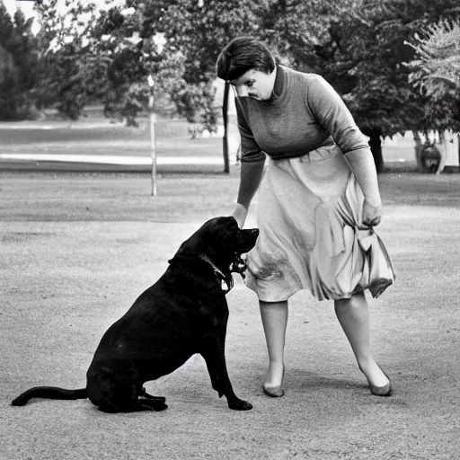 Image similar to a black dog holding a small woman