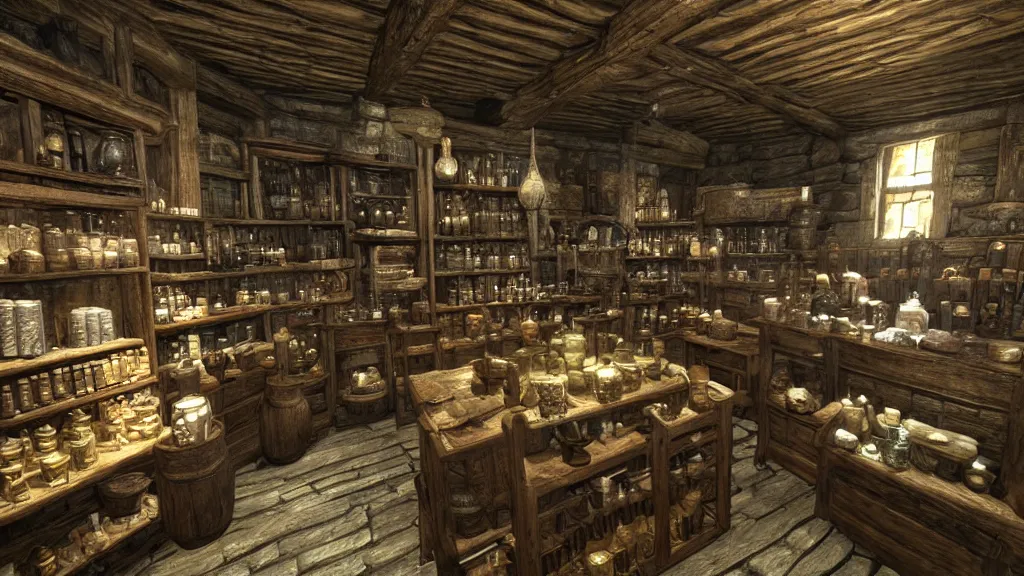 Image similar to 12th century apothecary shop, still from the game skyrim!!!, wide lens