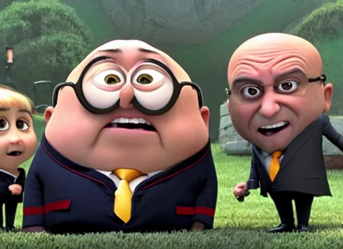 Image similar to Danny DeVito cast as Gru with his minions, still from Despicable Me 2010