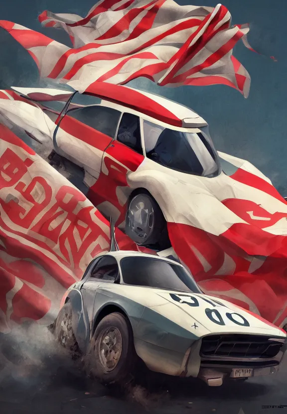 Image similar to [St.Georges slaying a car adorned with checkered flag. Soviet Propaganda!!! poster!!!, elegant, highly detailed, digital painting, artstation, concept art, matte, sharp focus, illustration, octane render, unreal engine, photography]