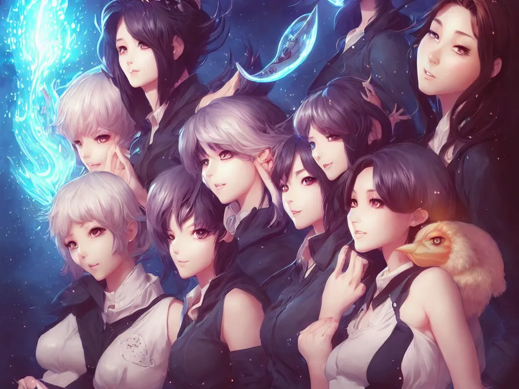 Image similar to lovely summoner girls with their magical animal companions, occlusion shadow, specular reflection, rim light, unreal engine, artgerm, artstation, art by hiroaki samura and ilya kuvshinov and ossdraws, high quality, intricate detailed 8 k, fantasy illustration, extremely beautiful and aesthetic shape of face and body, movie poster