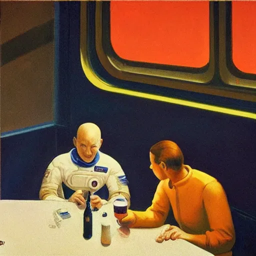 Image similar to two astronauts sitting in the corner booth at a greasy diner on the moon, edward hopper painting, iconic, stunning light