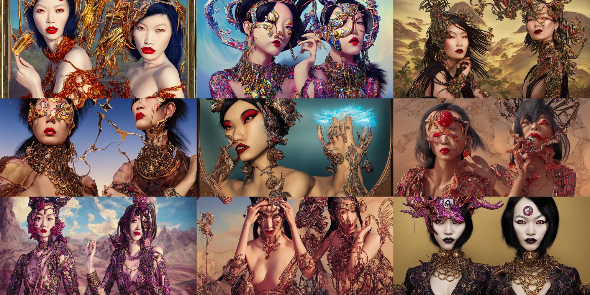 Prompt: giesha demon, innovative avant - garde art, deco fashion, one asian woman!!!, highly detailed, photorealistic portrait by chad knight, serene desert setting, crisp quality and light reflections, octane render, tarot card with ornate border frame h - 1 0 2 4