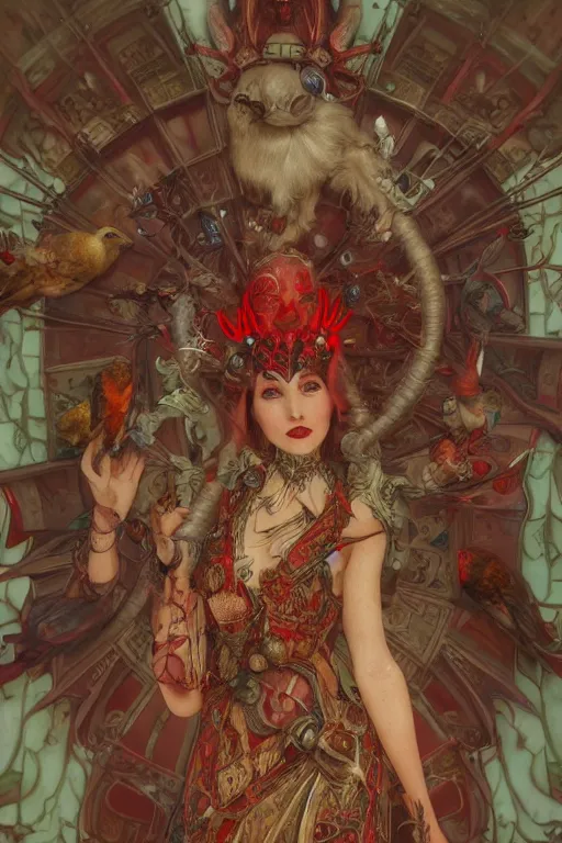 Image similar to zoom in 3 d render of demon with red face in church holding birds, ornaments, mucha vibe, dieselpunk, solarpunk, artstation, andrei riabovitchev