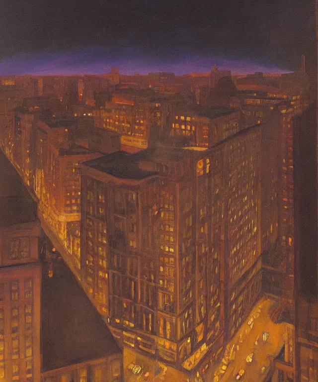 Image similar to horrifying full color photorealistic painting of the view of a warped downtown 1 9 2 5 boston at night with a cosmic sky viewed from a hotel balcony, dark, atmospheric, brooding, smooth, finely detailed, cinematic, epic, in the style of paul carrick