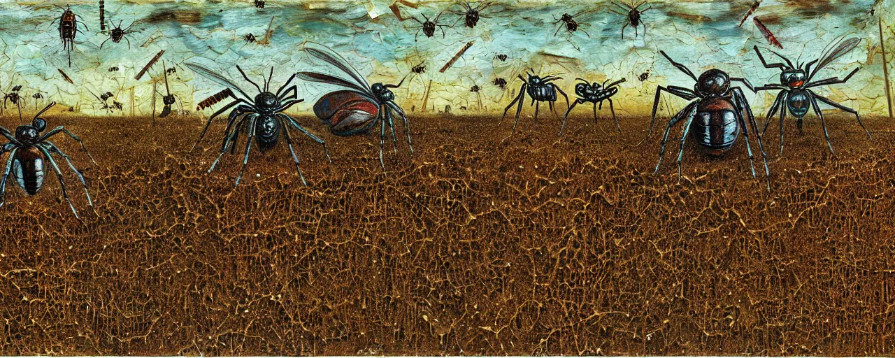 Image similar to strange giant insects, beetles, spiders and flies, swarming in a cornfield, oil painting by max ernst and anselm kiefer, decay, mixed media, textured, sharp focus, highly detailed, photographic emulsion cracked and peeling, rust, cinematic lighting, 8 k, hd