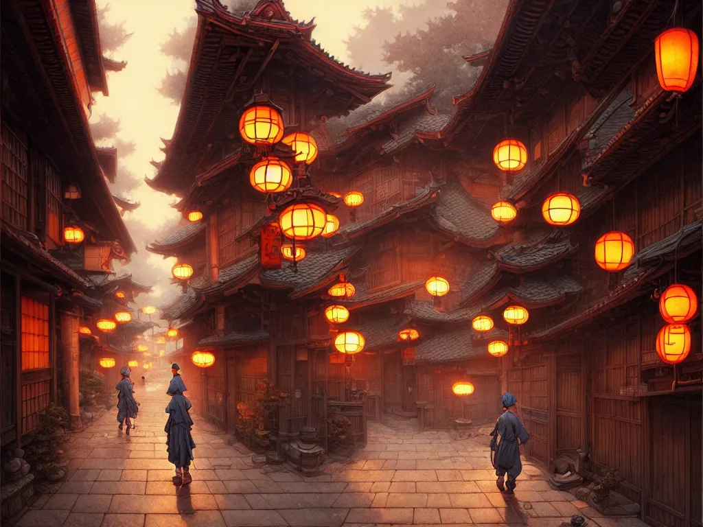 Image similar to old japanese street, d & d digital painting, intricate details, ultra realistic, beautiful, volumetric lighting, warm colors advance, cell shading, by james jean, greg rutkowski, gerald brom, wlop