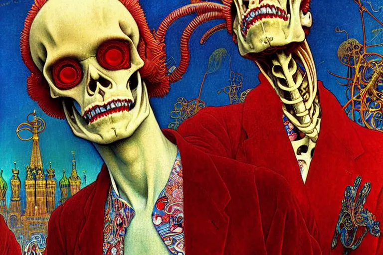 Image similar to realistic detailed closeup portrait painting of a single skeleton wearing red velvet blazer in a crowded futuristic moscow street by Jean Delville, Amano, Yves Tanguy, Alphonse Mucha, Ernst Haeckel, Edward Robert Hughes, Roger Dean, rich moody colours, blue eyes