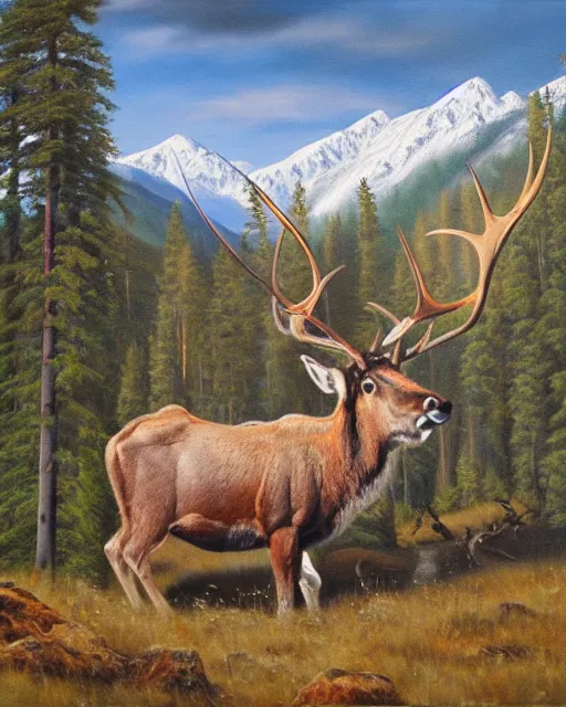 Prompt: altai wapiti with large horns in the altai forest, detailed oil painting