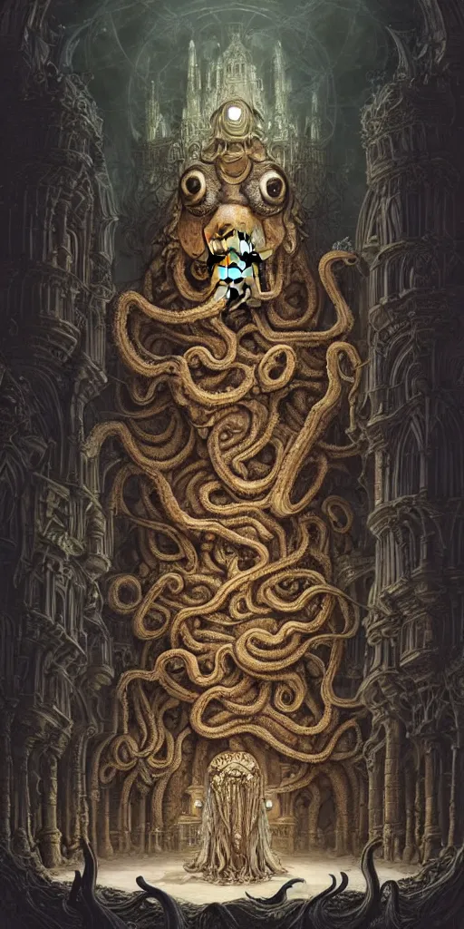 Image similar to group of mankind species mages with big octopus heads and a lot of translucent jellyfishes floating around inside an ancient mage castle hall colossal scale, gothic and baroque, brutalist architecture, ultradetailed, Intricate by Ellen Jewett and Josan Gonzalez and Giuseppe Arcimboldo