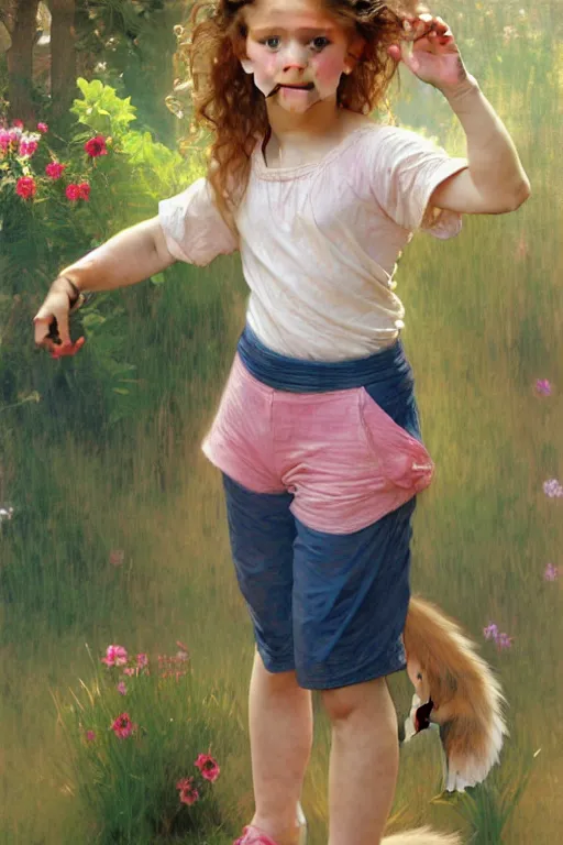 Prompt: a seven - year old girl with long curly dirty blonde hair, blue eyes, tan skin, a pink tee shirt, shorts, playing with a fox, painting by daniel gerhartz, alphonse mucha, bouguereau, detailed art, artstation, realistic fox