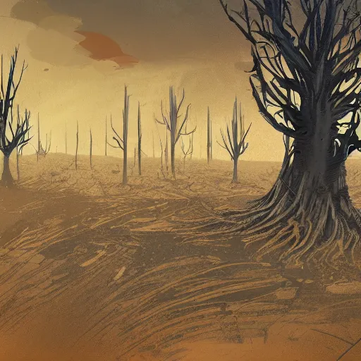 Prompt: a desolated landscape filled with burnt trees, concept art