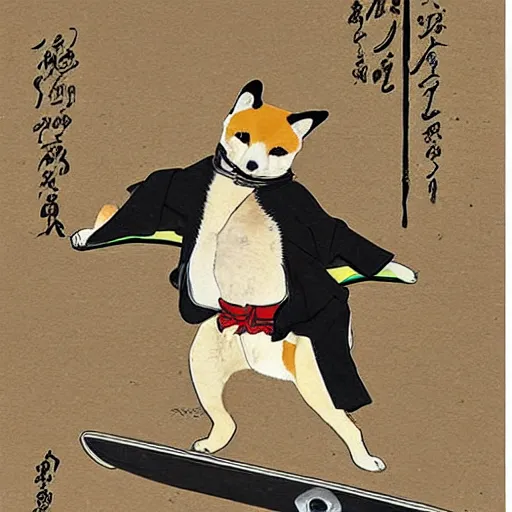 Image similar to shiba inu ninja on a skateboard on a birthday card, highly detailed, 1 8 th century japanese painting,