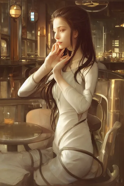 Image similar to an attractive serene cute android in a cafe, partially human , partially biomedical design , natural atmosphere, great high details, highly reaslitic, cinematic lighting, intricate, elegant, super highly detailed, art station, concept arD, beautiful, delicate, art by artgerm and greg rutkowski and alphonse mucha and loish and WLOP