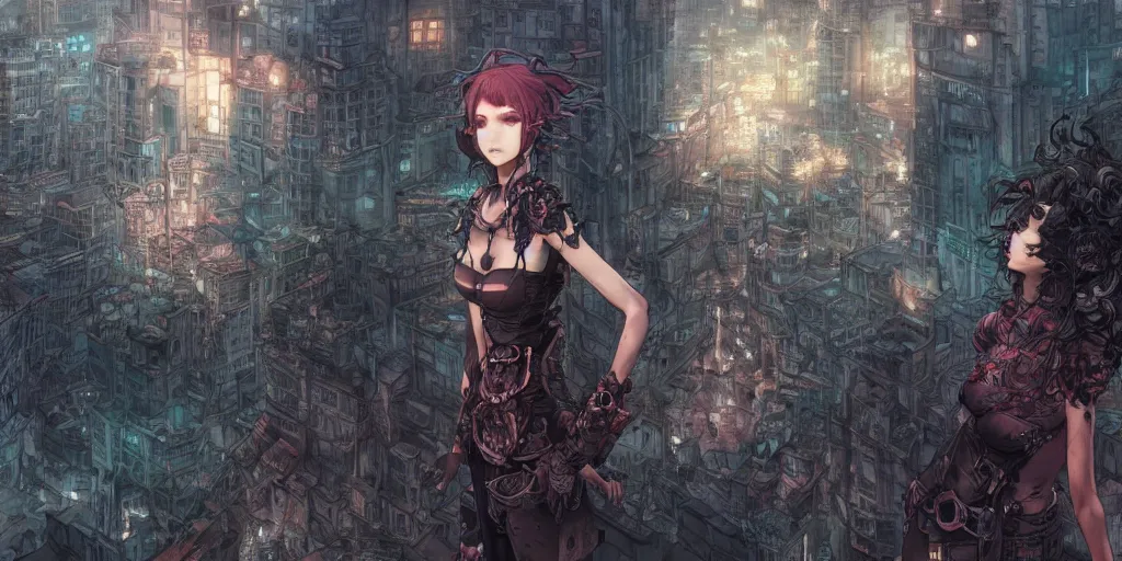 Image similar to goth woman in front of city, color page, tankoban, 4 k, tone mapping, akihiko yoshida, james jean andrei riabovitchev marc simonetti, yoshitaka amano, long hair, curly, h. hydrochaeri