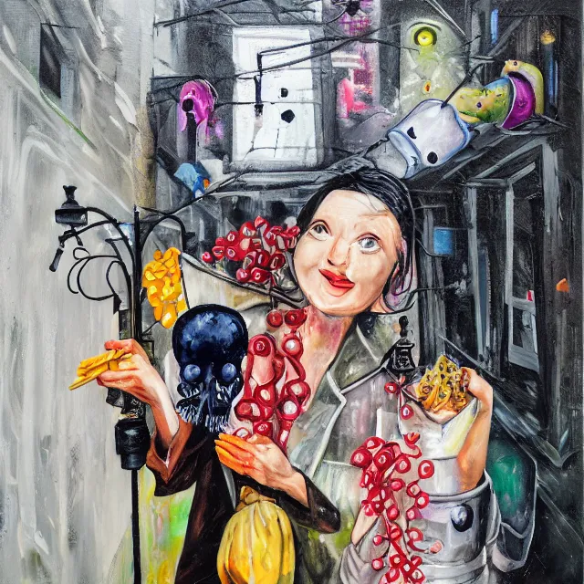 Prompt: a portrait in a dark laneway, a woman holding pancakes, streetlamps, wet, puddles, berries dripping, scientific instruments, ikebana, octopus, neo - expressionism, surrealism, acrylic and spray paint and oilstick on canvas