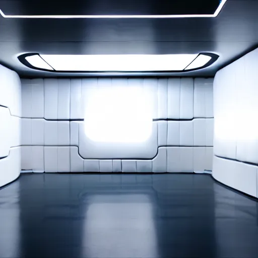 Image similar to a white room 1 2 ft long x 1 0 ft wide x 8 ft tall, geometrically perfect, clean and empty, sci fi spaceship futuristic paneling unreal engine, general studio lighting, 8 k,