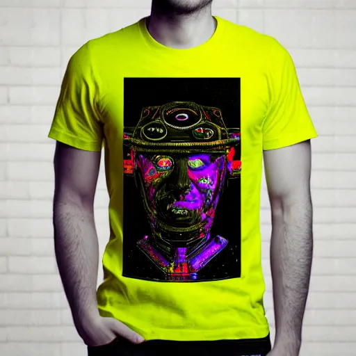 Prompt: mockup of a black tshirt with a hyperdetailed portrait of a steampunk robot on lsd, 8 k, symetrical, flourescent colors, trippy mood, multicolored,