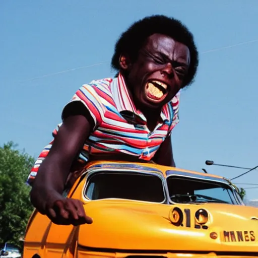 Prompt: giant miles davis smiles as he eats an entire school bus