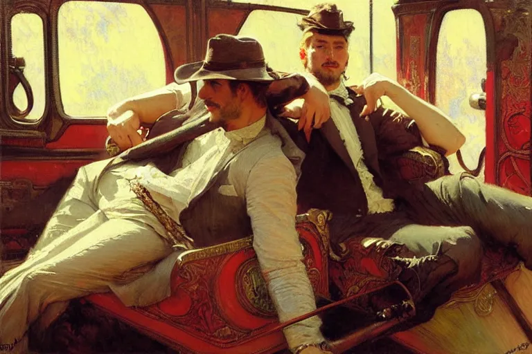 Prompt: 2 attractive men sitting on a coach, painting by gaston bussiere, craig mullins, greg rutkowski, alphonse mucha