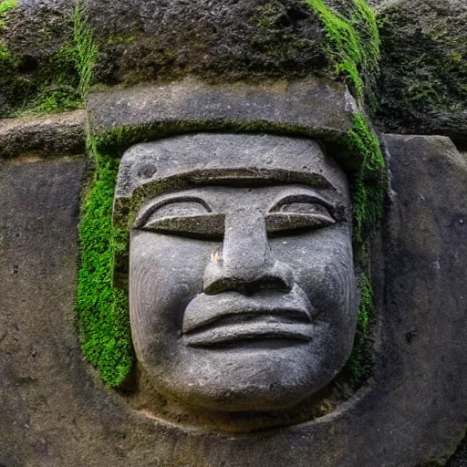 Image similar to intimidating olmec head carved into a mossy stone wall with ornate incan patterns