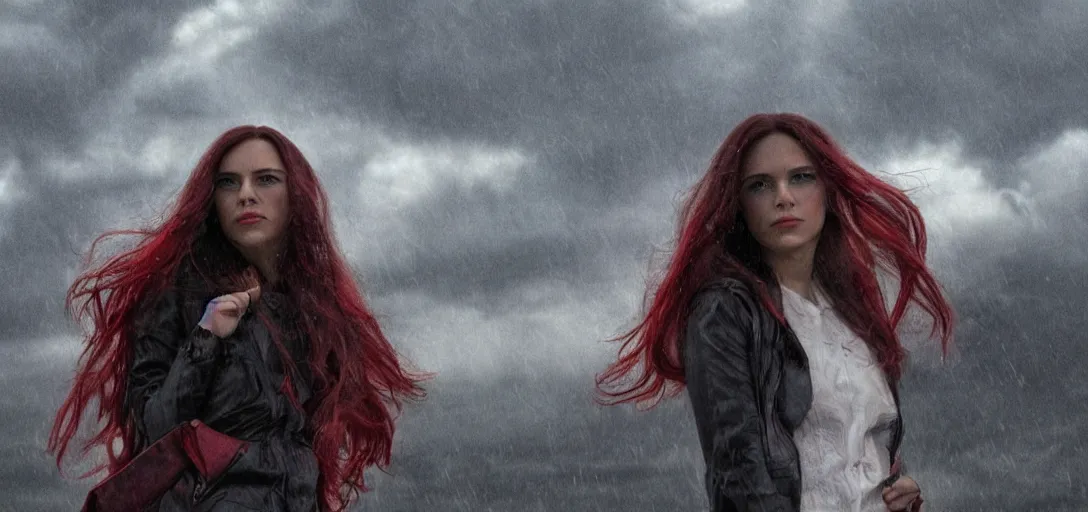 Prompt: Wanda maximoff in the rainy clouds