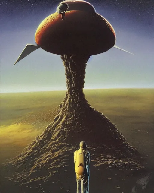 Image similar to a painting of a man standing in front of a giant alien, poster art peter elson and tim white and h. r. van dongen, cgsociety, space art, lovecraftian, cosmic horror, poster art