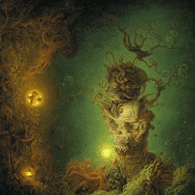 Image similar to a close - up rococo portrait of an alien. giant glowing eyes. surrounded by moss, mushrooms, and swamp, 1 8 th century painting by jean - honore fragonard and moebius. fireflies, night time. gloomy blue green environment, blurry organic dark background. sci - fi fantasy renaissance masterpiece. artstation