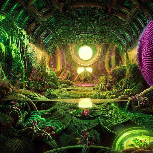 Image similar to alien cinematic geometric lush mirror art, integrated plants landscape geometry 8 k sharp focus sacred by moebius, andreas franke, james christensen, victo nagi, artgerm