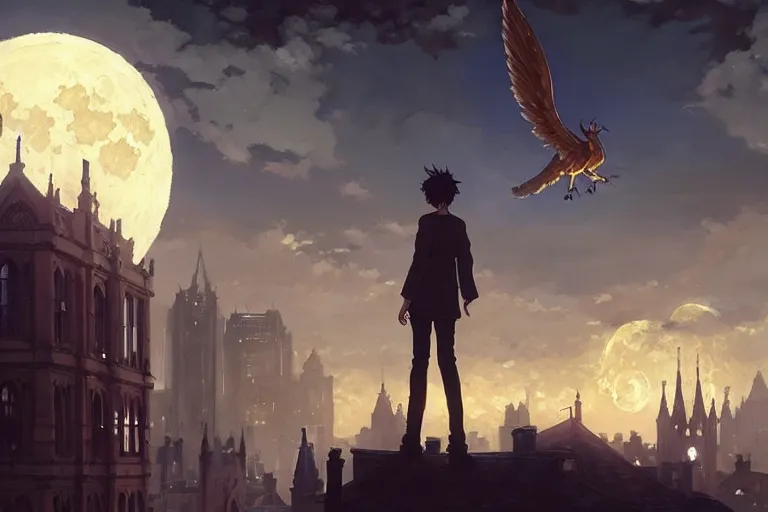 Prompt: a winged monster in the sky above a victorian city, scene in the night. full moon, 1 8 9 0, key visual, conceptart, ambient lighting, highly detailed, digital painting, artstation, concept art, sharp focus, by makoto shinkai and akihiko yoshida and greg manchess