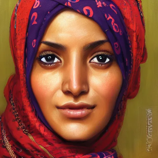 Image similar to portrait of an yemeni woman ( 3 5 ) from yemen in 2 0 2 1, an oil painting by ross tran and thomas kincade