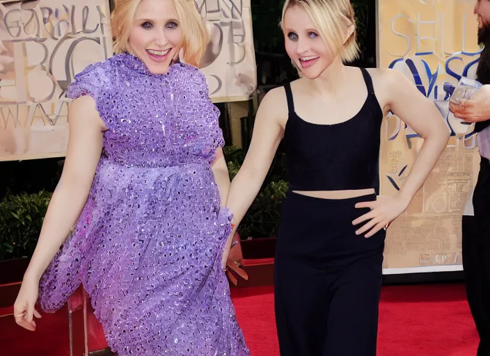 Prompt: photograph of me grabbing kristen bell's fat chubby belly, her belly is fat and round, 8 k, sharp, detailed