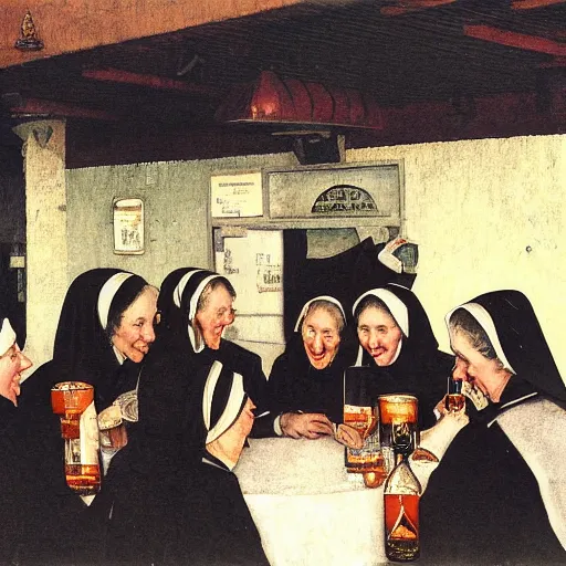 Prompt: a group of nuns enjoying themselves at a dive tavern, low light, Smokey haze above, whiskey bottles, by Norman Rockwell