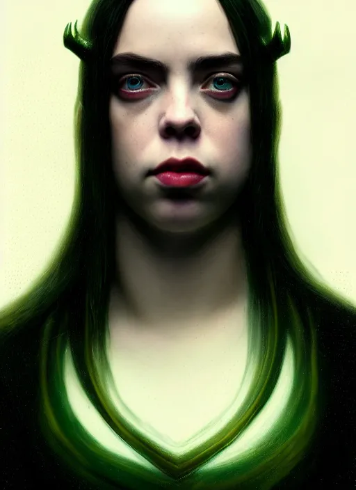 Image similar to met gala Billie Eilish as female loki by, hyper detail, hyper realistic, octane render, noir, gorgeous symmetrical face, elegant, intricate, studio lighting, by Greg rutkowski