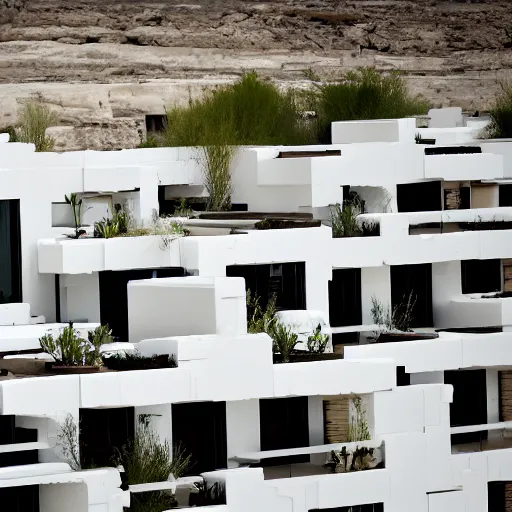 Image similar to habitat 6 7, white lego architect hotel in the dessert, many plants and infinite pool