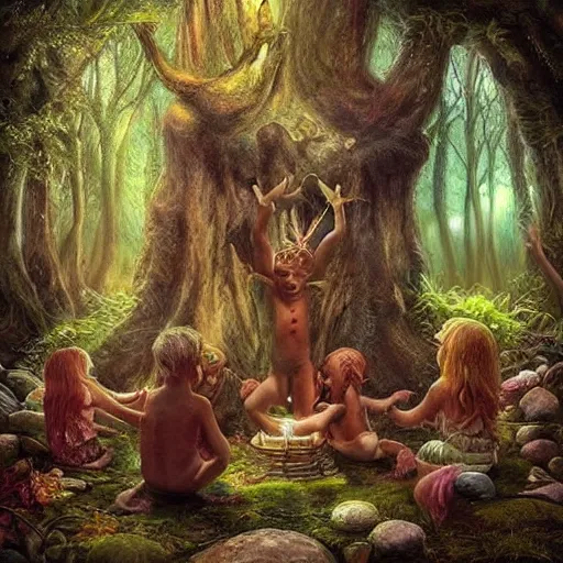 Image similar to “ childs in a magical forest making ritual, artwork, fantasy, face detailed ”