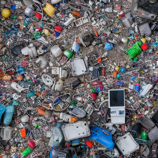 Prompt: color photo of a computer garbage dump in the center of a cyberpunk city, where large robots walk, photo from a quadcopter